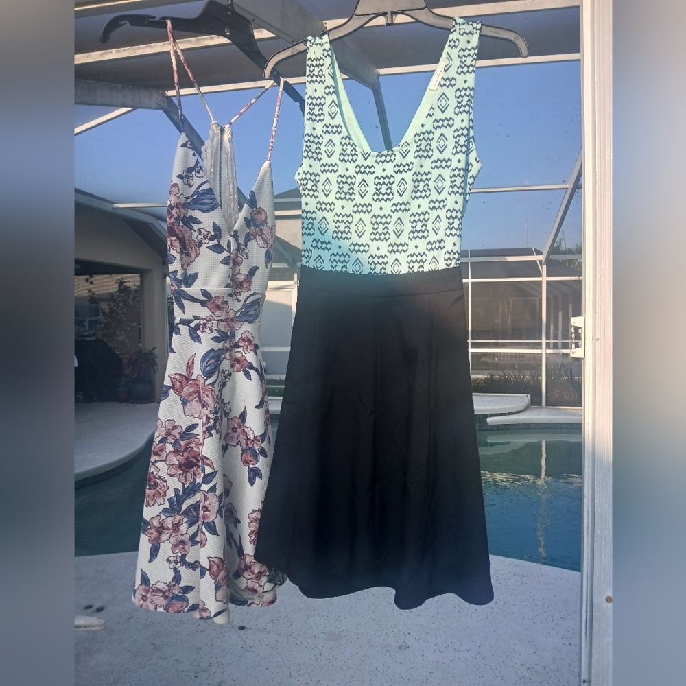 Iris Pink and Gray Fit and Flare Plunge Dress